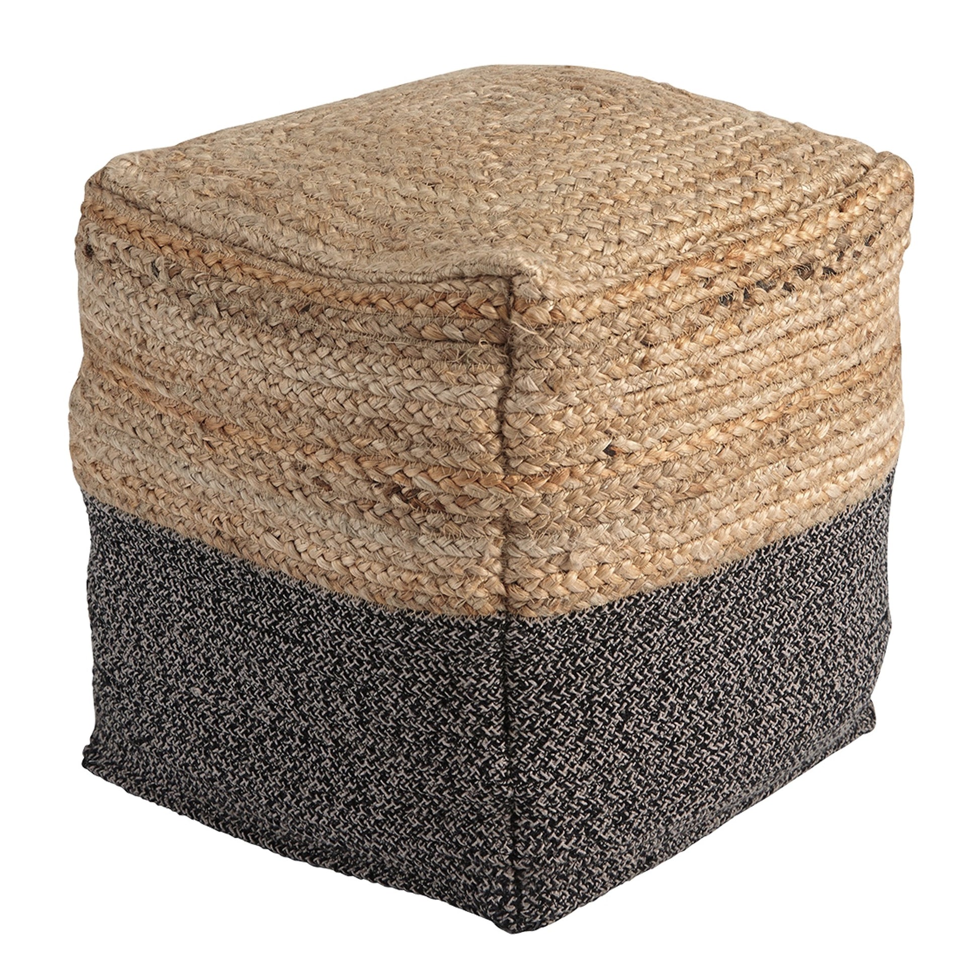 Cube Shape Jute Pouf with Braided Design, Black and Brown — Chic Home-Decor