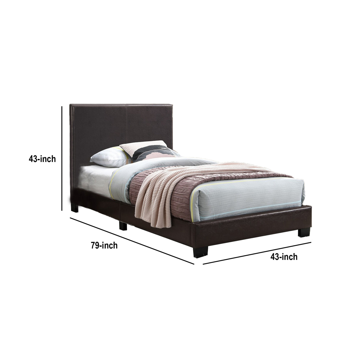 Transitional Style Leatherette Twin Bed with Padded Headboard, Dark Brown