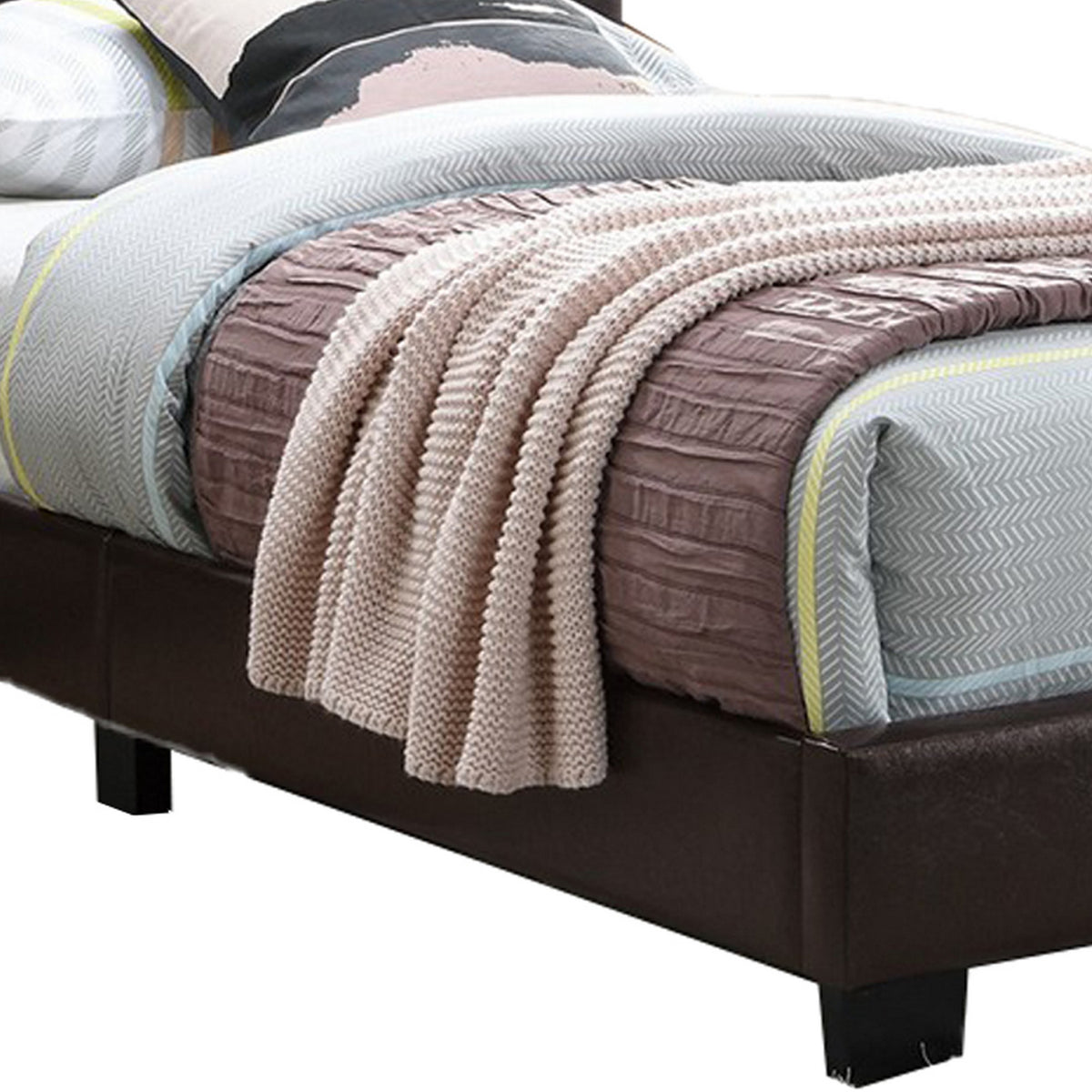 Transitional Style Leatherette Full Bed with Padded Headboard, Dark Brown