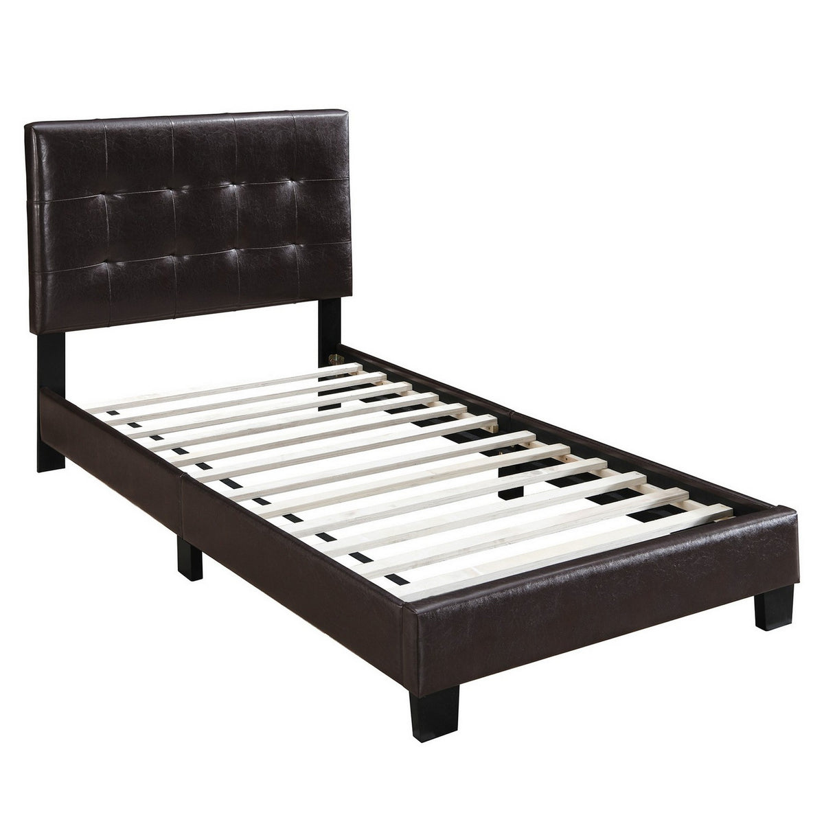 Twin Leatherette Bed with Checkered Tufted Headboard, Dark Brown — Chic Home-Decor