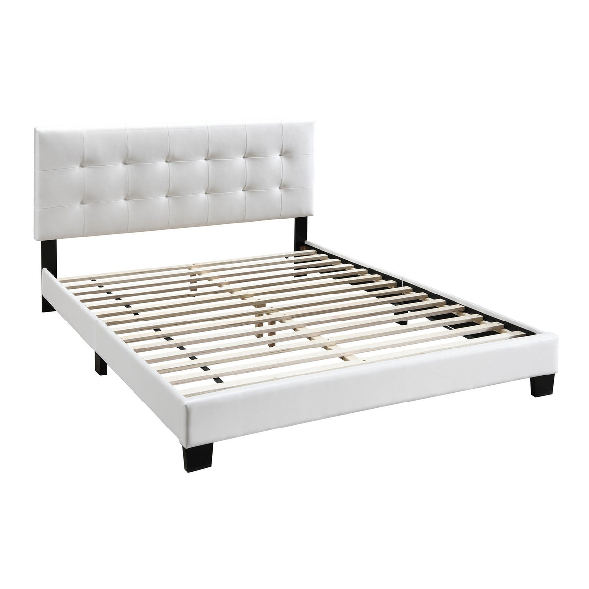 Leatherette Bed with Checkered Tufted Headboard, White – Twin