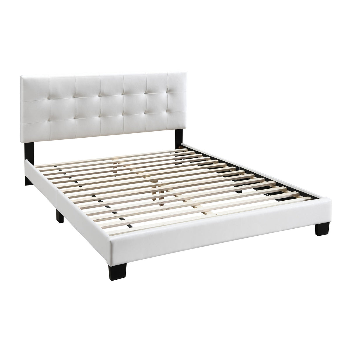 Queen Leatherette Bed with Checkered Tufted Headboard, White — Chic Home-Decor
