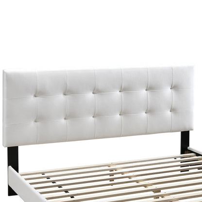 Queen Leatherette Bed with Checkered Tufted Headboard, White