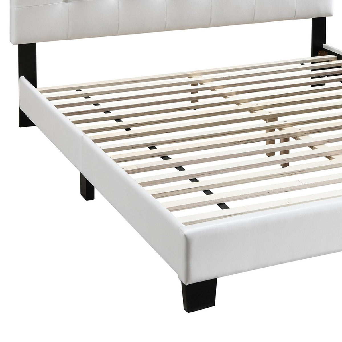 Queen Leatherette Bed with Checkered Tufted Headboard, White