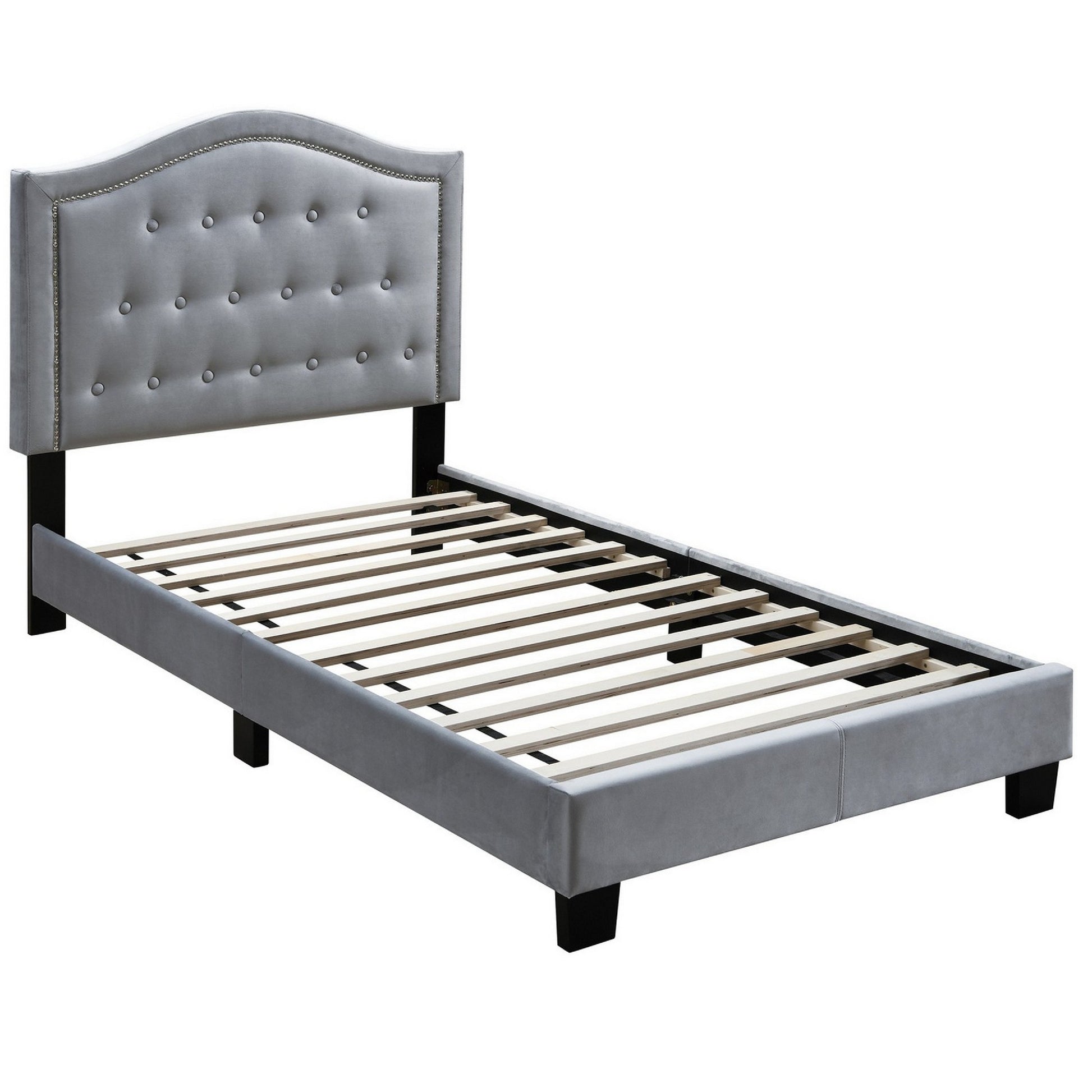 Button Tufted Twin Velvet Bed with Curved Headboard, Gray — Chic Home-Decor