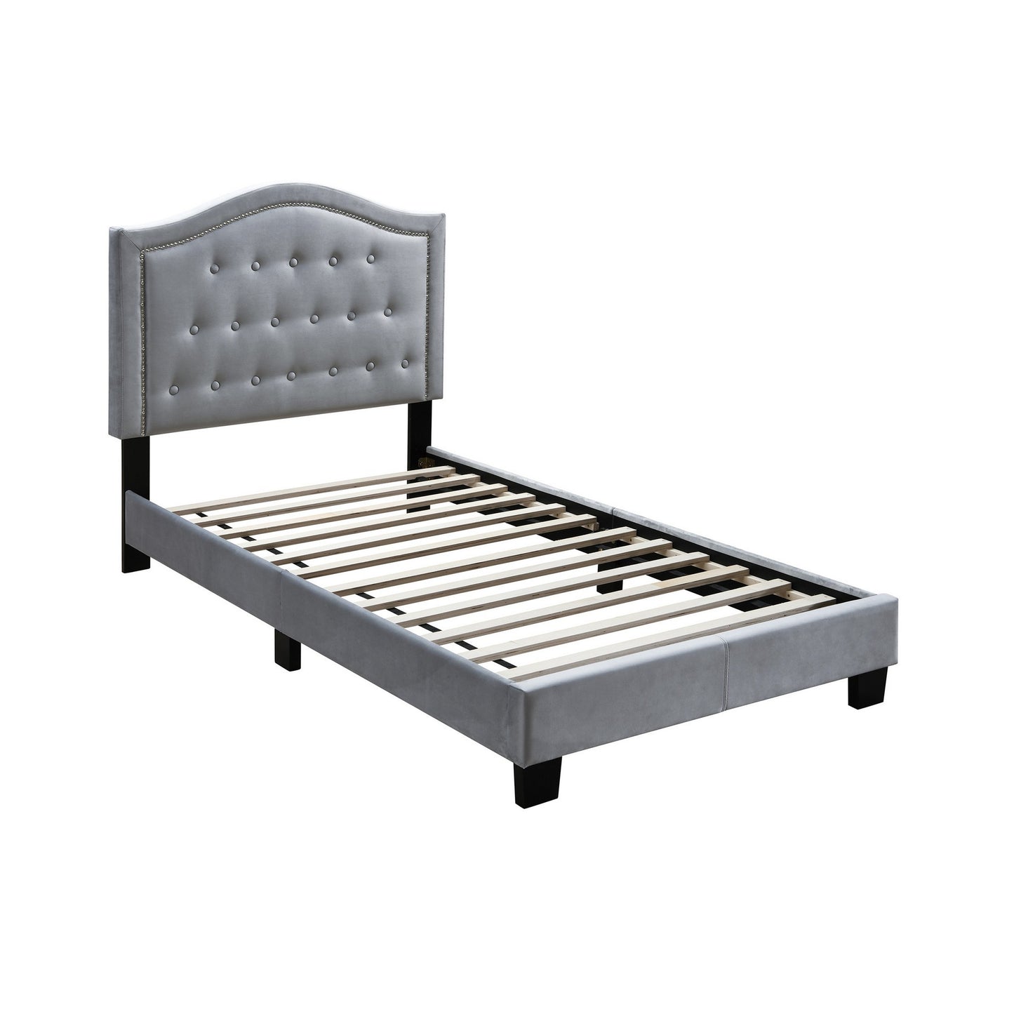 Button Tufted Queen Velvet Bed with Curved Headboard, Gray — Chic Home-Decor