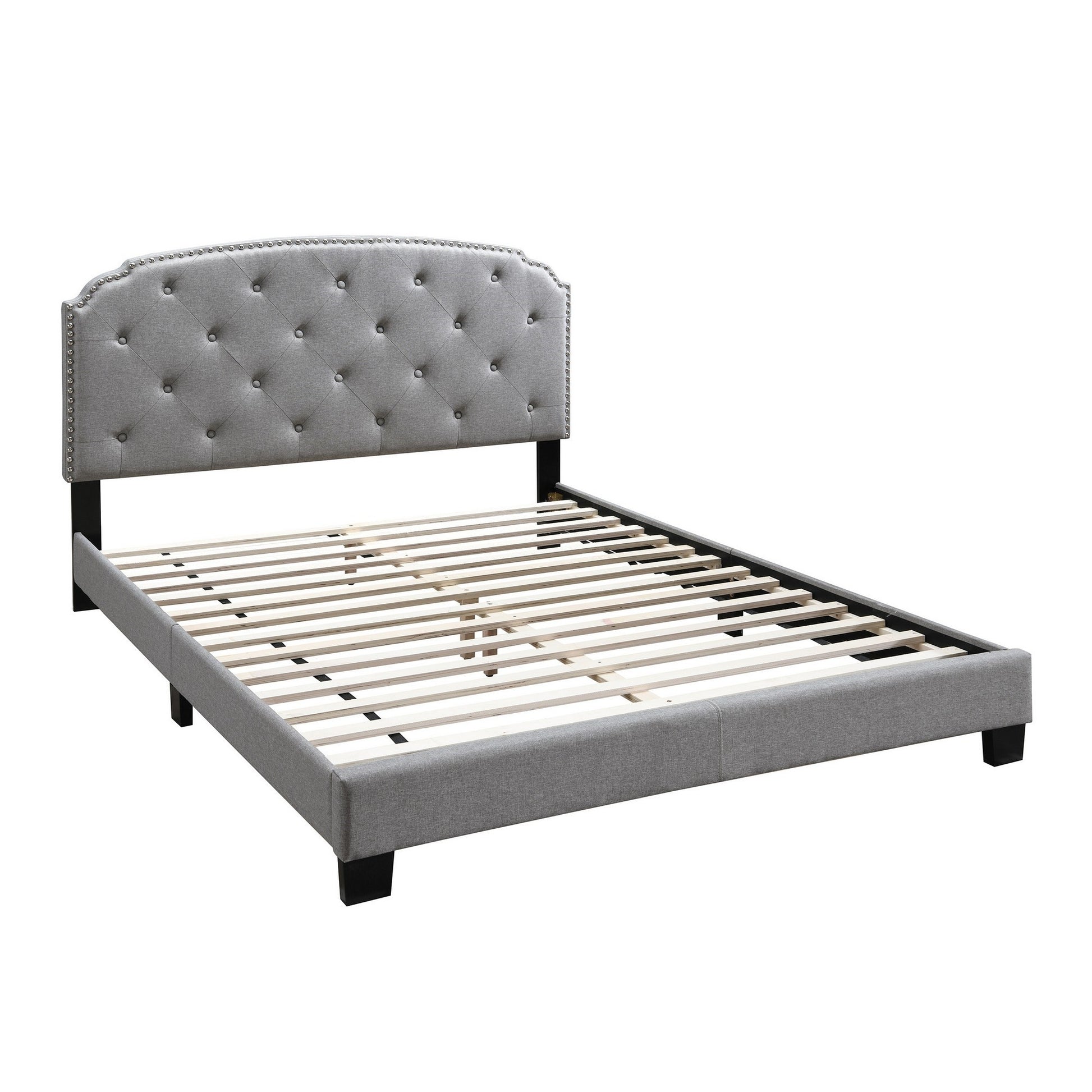 Queen Bed with Button Tufted Scalloped Headboard, Light Gray — Chic Home-Decor