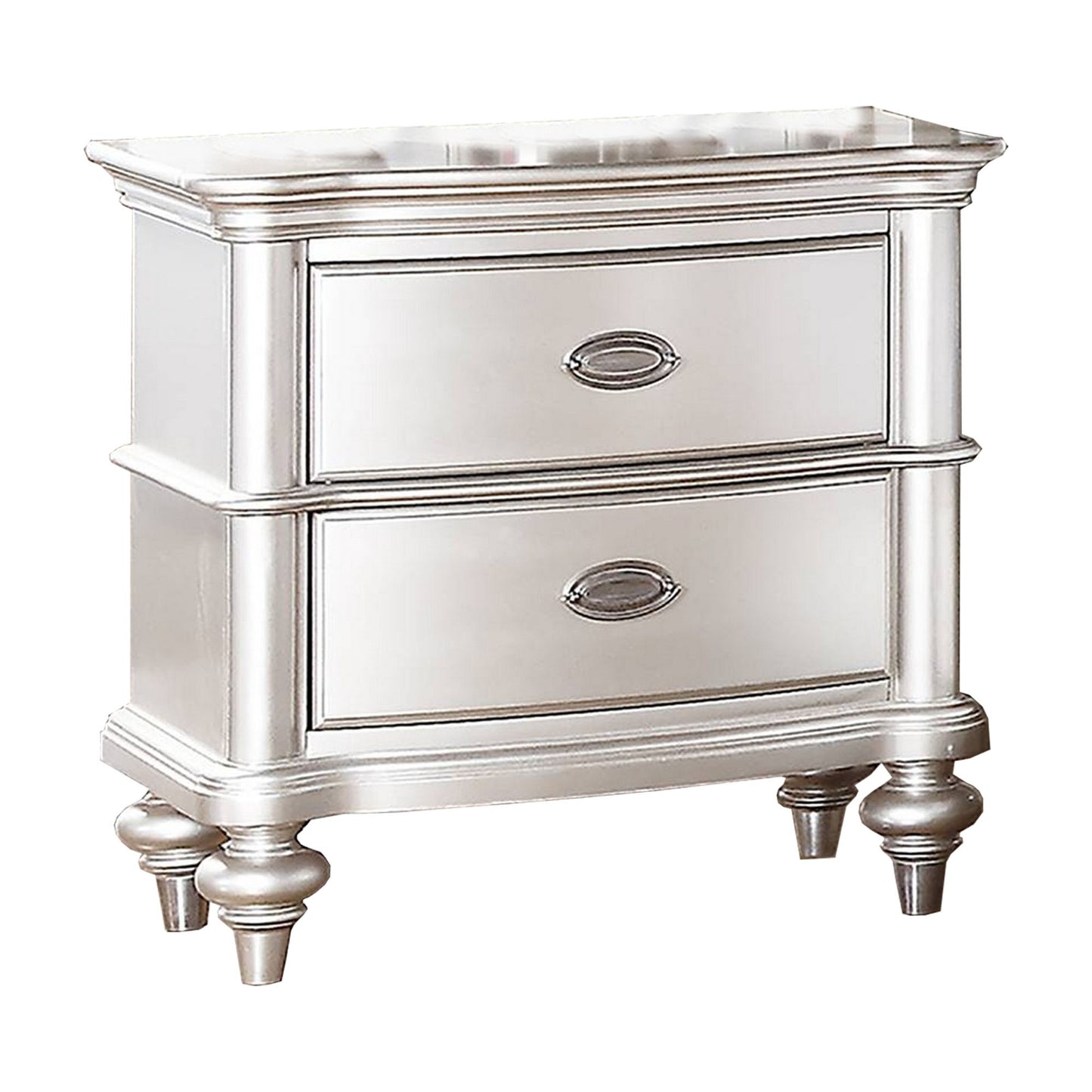 28 Inches 2 Drawer Wooden Nightstand with Turned Legs, Silver — Chic Home-Decor