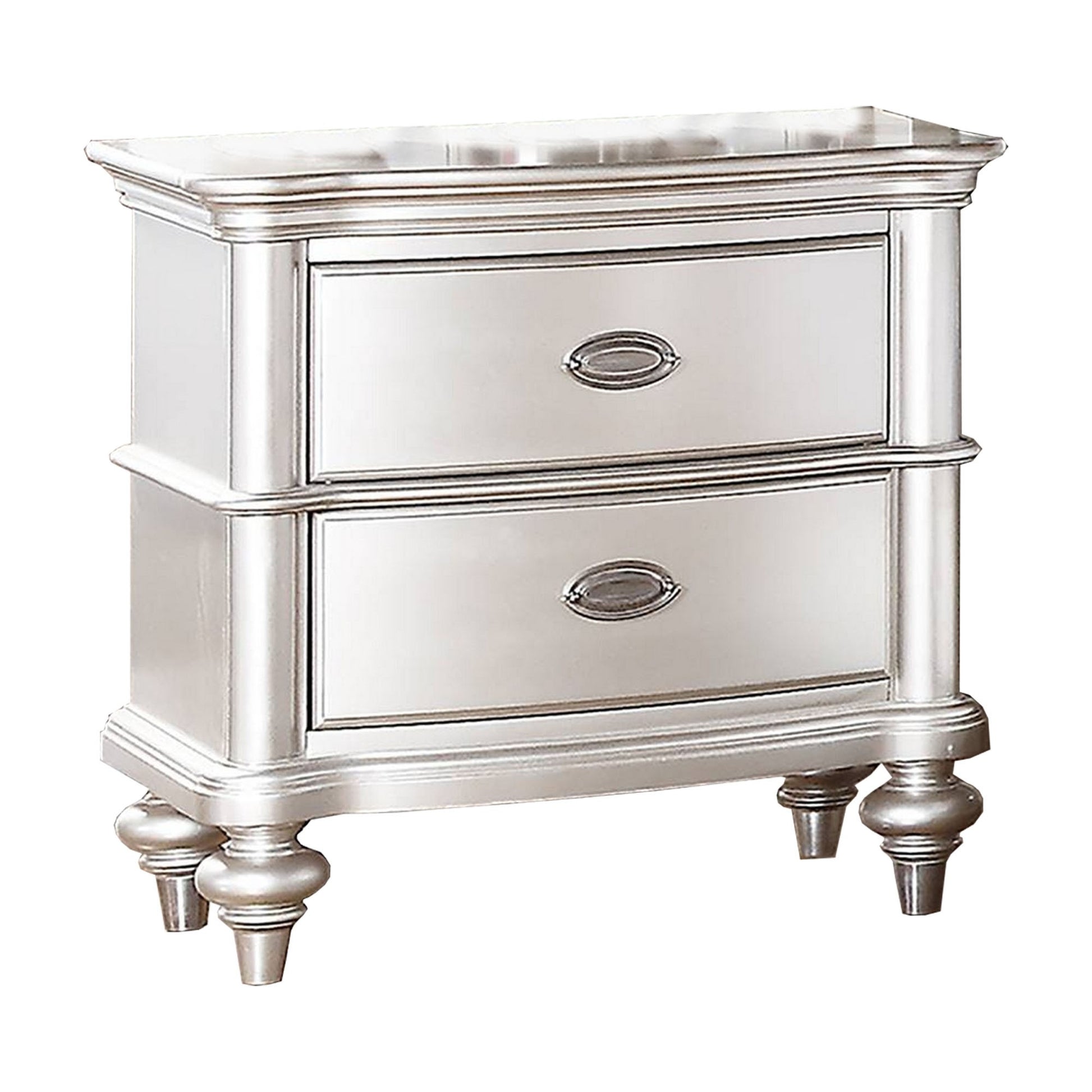 28 Inches 2 Drawer Wooden Nightstand with Turned Legs, Silver — Chic Home-Decor