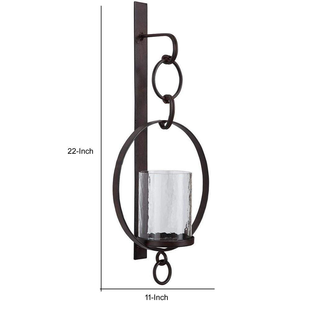 Metal Wall Sconce with Glass Hurricane and Chain Design Holder, Black