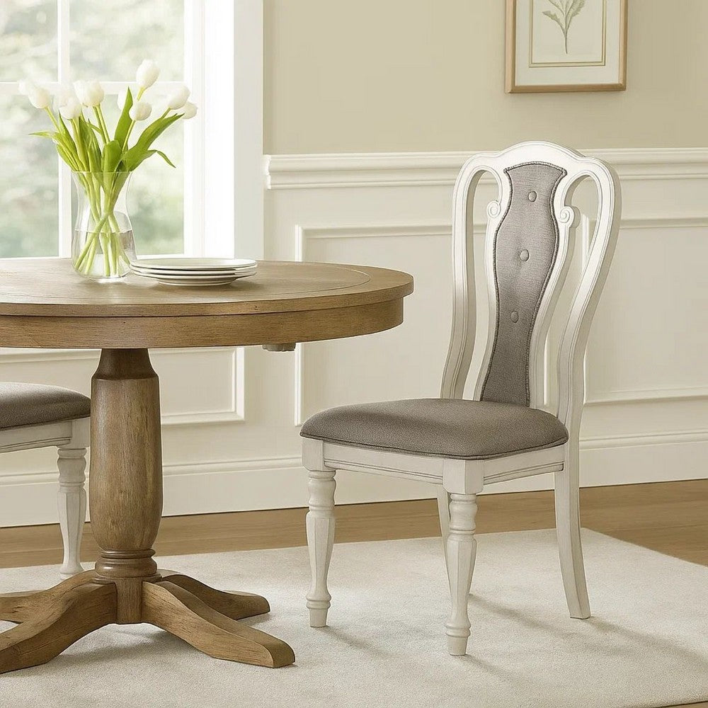 Dining Chair with Button Tufted Backrest, Padded Seat, Set of 2, White and Gray