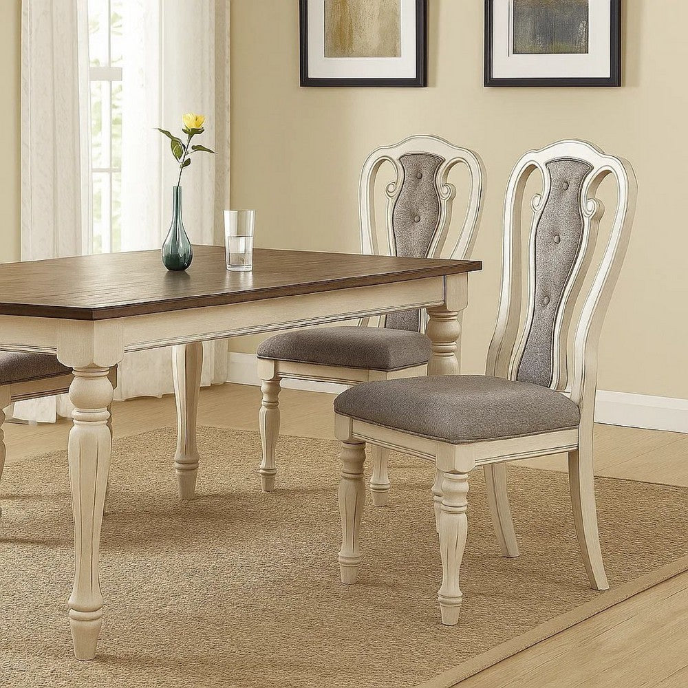Dining Chair with Button Tufted Backrest, Padded Seat, Set of 2, White and Gray