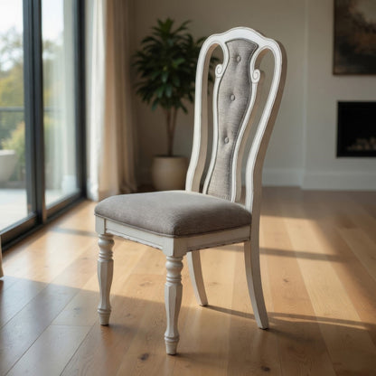 Dining Chair with Button Tufted Backrest, Padded Seat, Set of 2, White and Gray