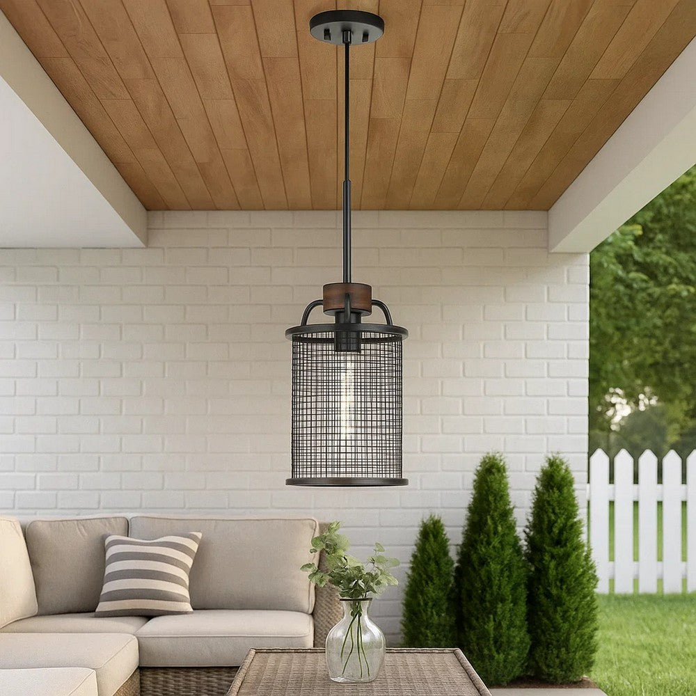 Cylindrical Grid Design Metal Chandelier with Wooden Accent, Black