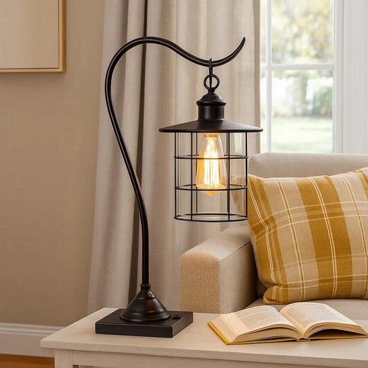 25 Inch Metal Downbridge Design Desk Lamp with Caged Shade, Dark Bronze