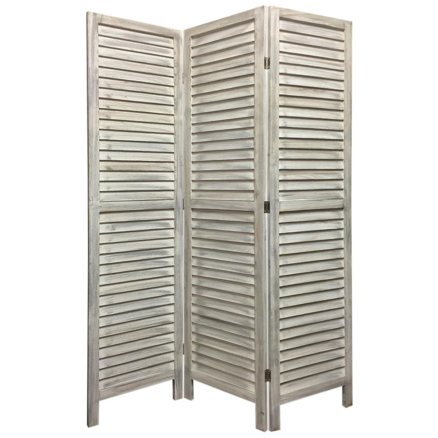 67 Inch 3 Panel Shutter Screen with Fitted Slats, Weathered White — Chic Home-Decor