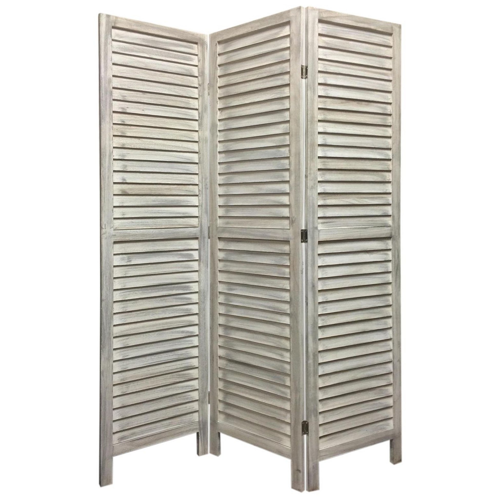 67 Inch 3 Panel Shutter Screen with Fitted Slats, Weathered White — Chic Home-Decor