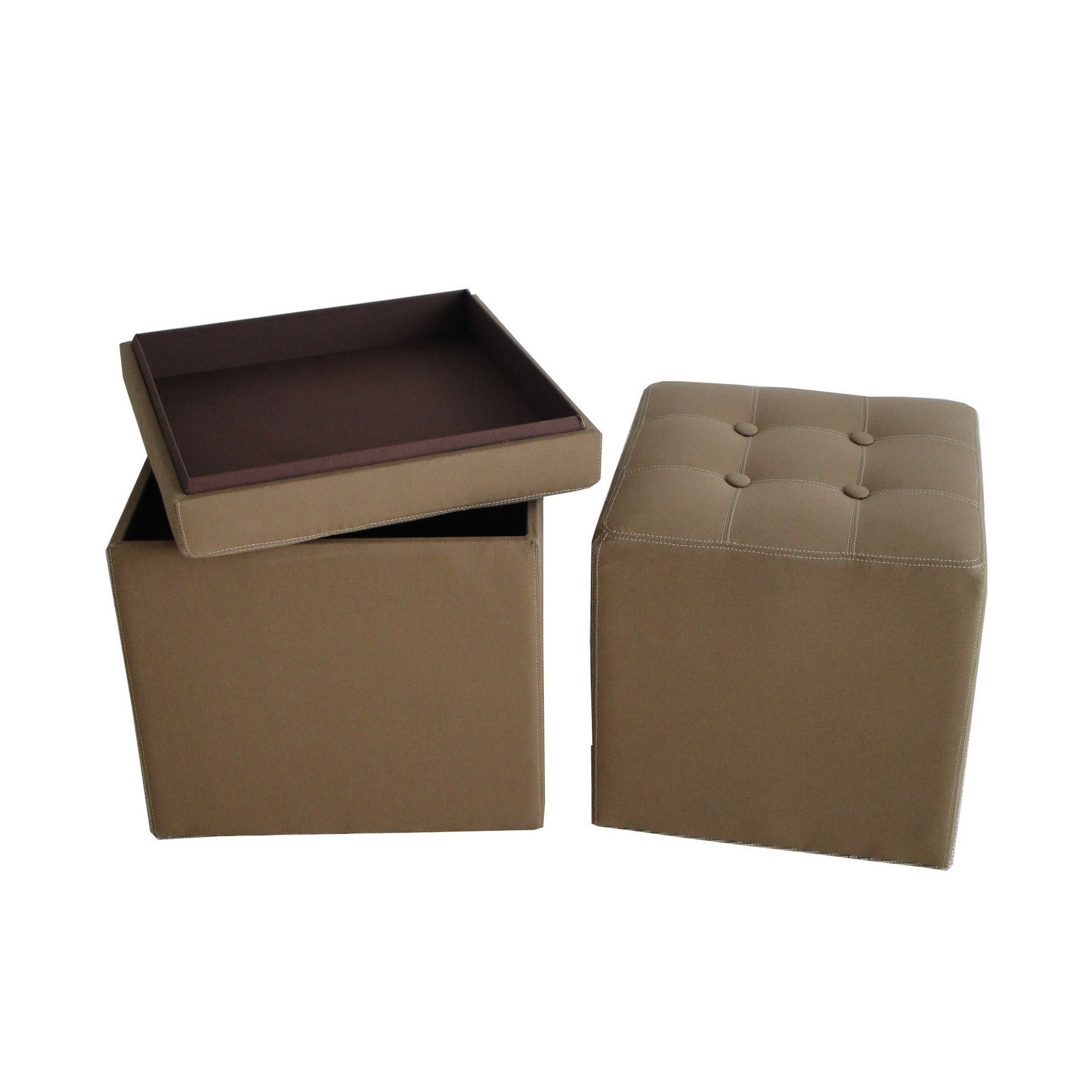 Fabric Covered Storage Ottoman with Button Tufted Lift Top, Set of 2, Brown — Chic Home-Decor