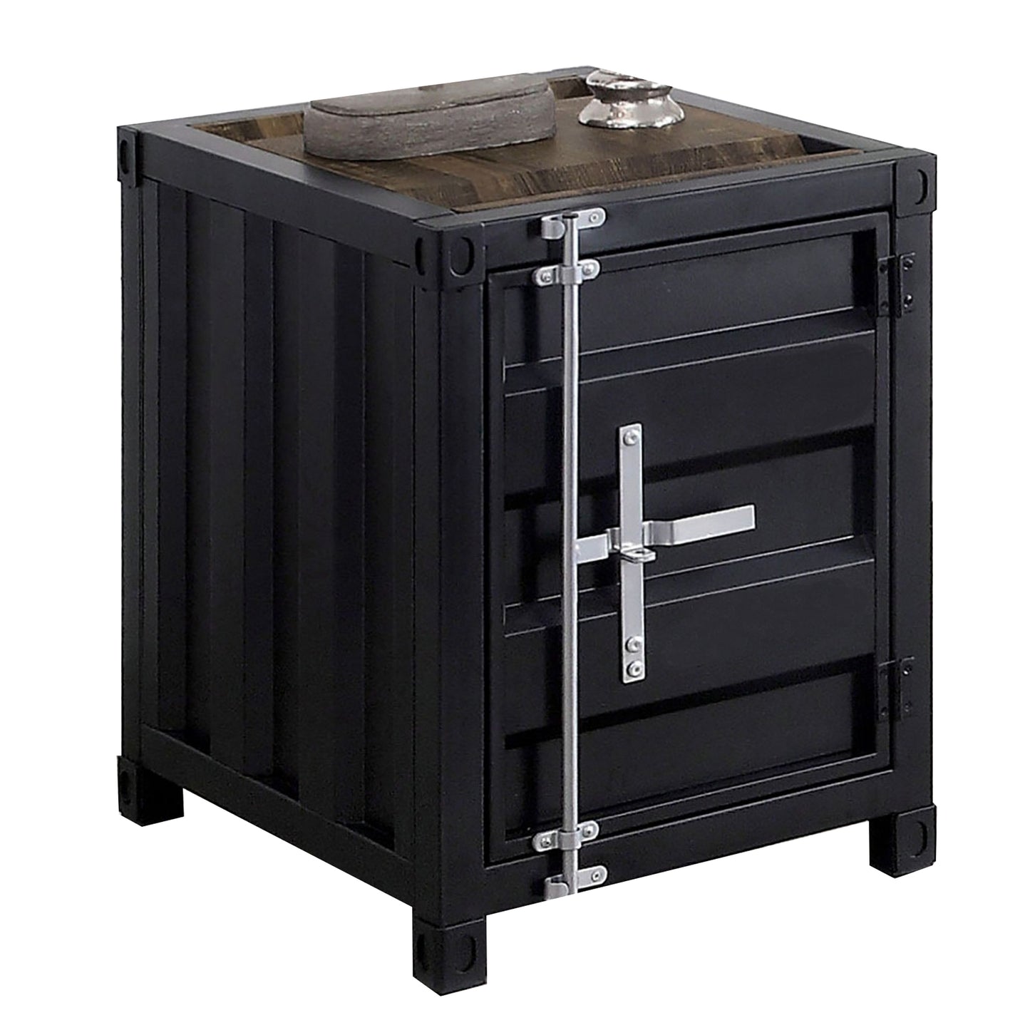 Industrial Style End Table with Sliding Door Storage, Black — Chic Home-Decor