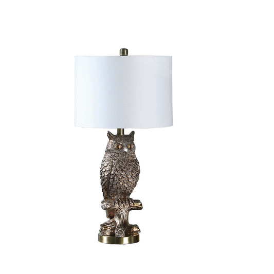 Polyresin Sitting Owl Design Table Lamp with Round Base, Silver — Chic Home-Decor