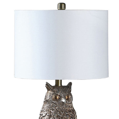 Polyresin Sitting Owl Design Table Lamp with Round Base, Silver