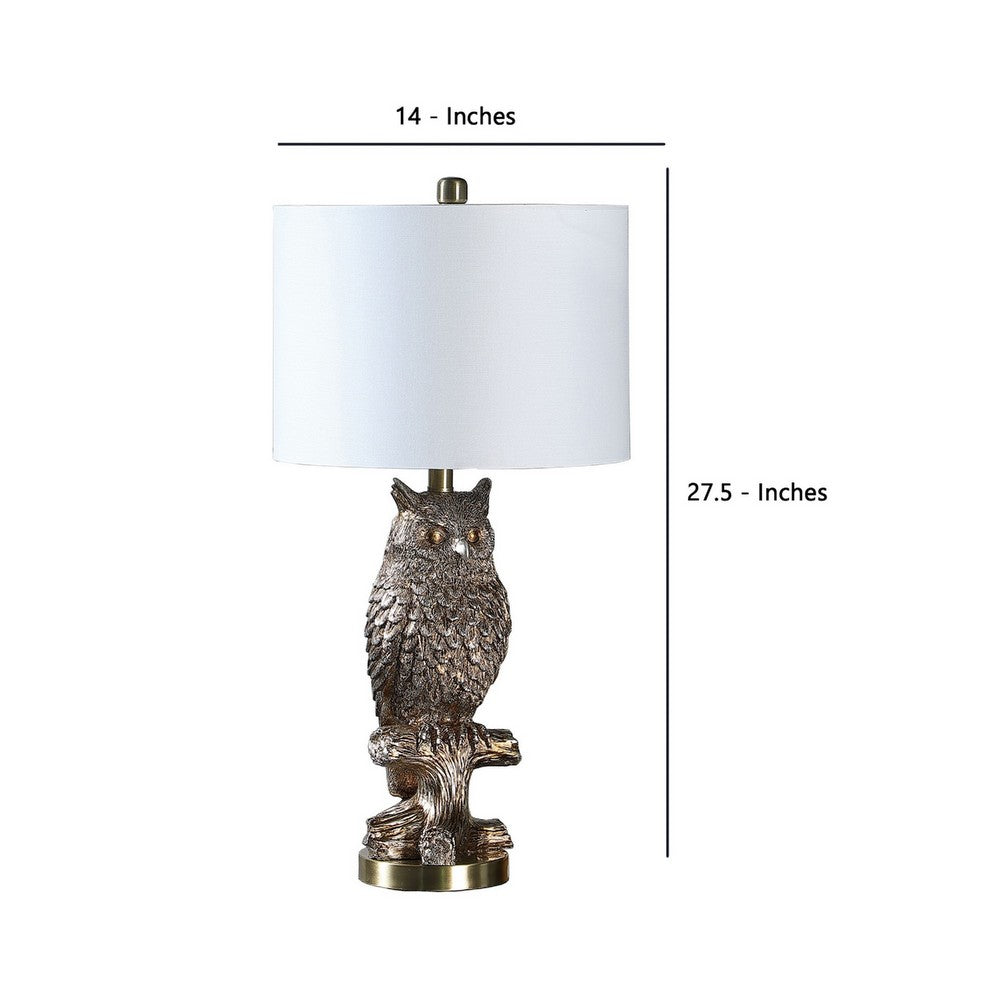 Polyresin Sitting Owl Design Table Lamp with Round Base, Silver