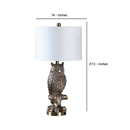 Polyresin Sitting Owl Design Table Lamp with Round Base, Silver
