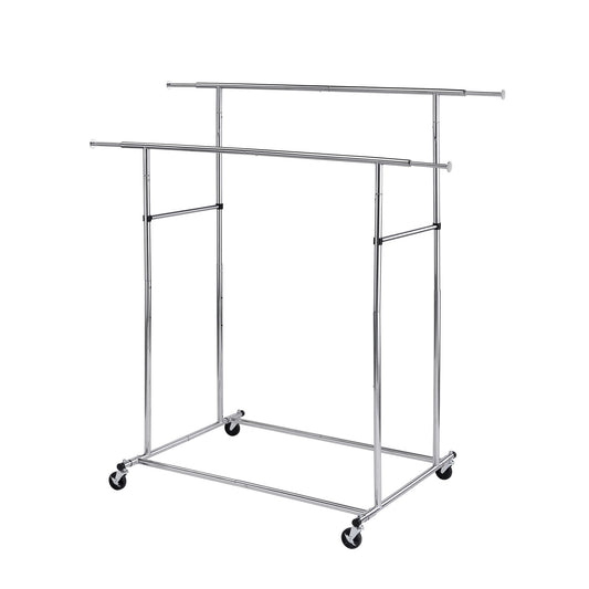 Dual Bar Tubular Metal Frame Garment Rack with Casters, Chrome — Chic Home-Decor