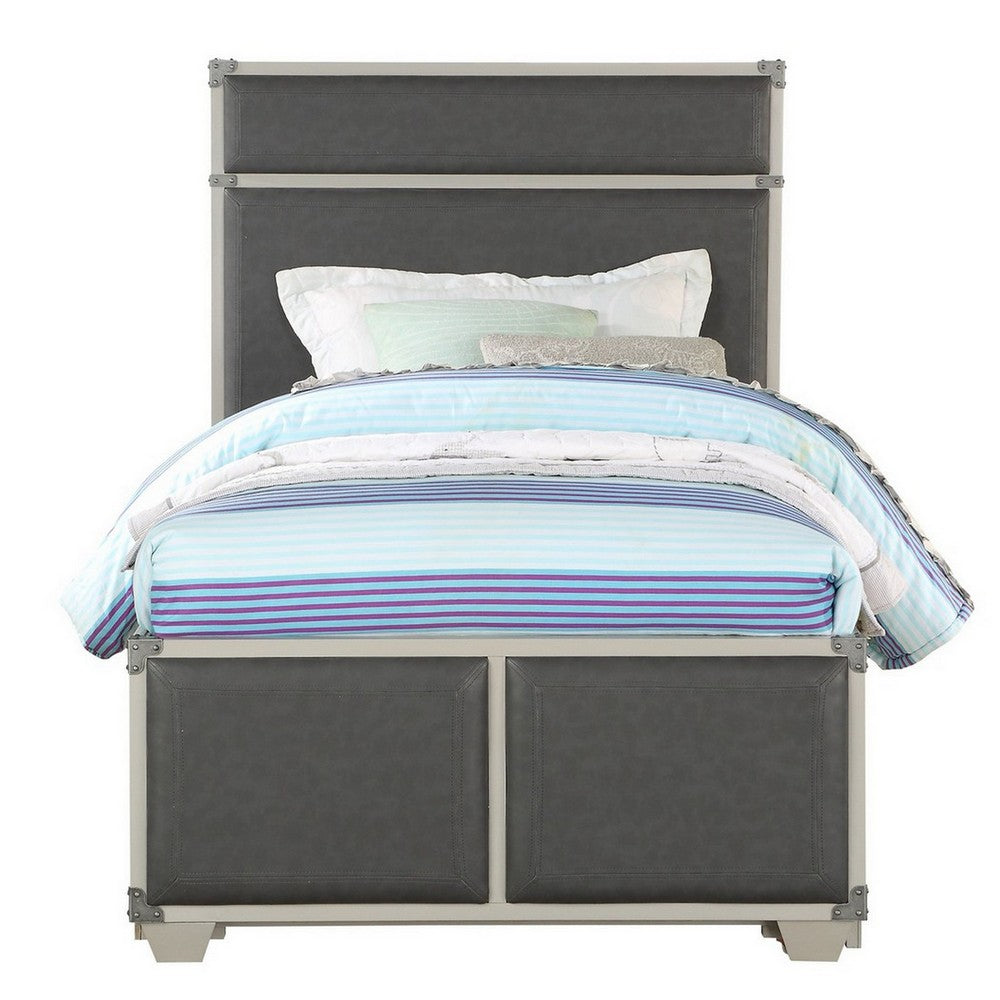 Tae Wooden Twin Bed with Fabric Padding, White and Gray