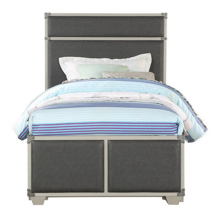 Tae Wooden Twin Bed with Fabric Padding, White and Gray