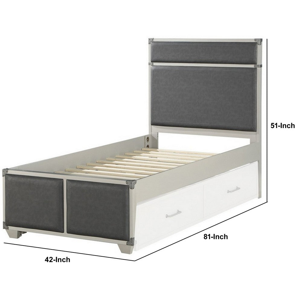 Tae Wooden Twin Bed with Fabric Padding, White and Gray