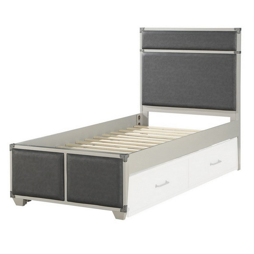 Tae Wooden Twin Bed with Fabric Padding, White and Gray