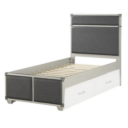 Tae Wooden Twin Bed with Fabric Padding, White and Gray