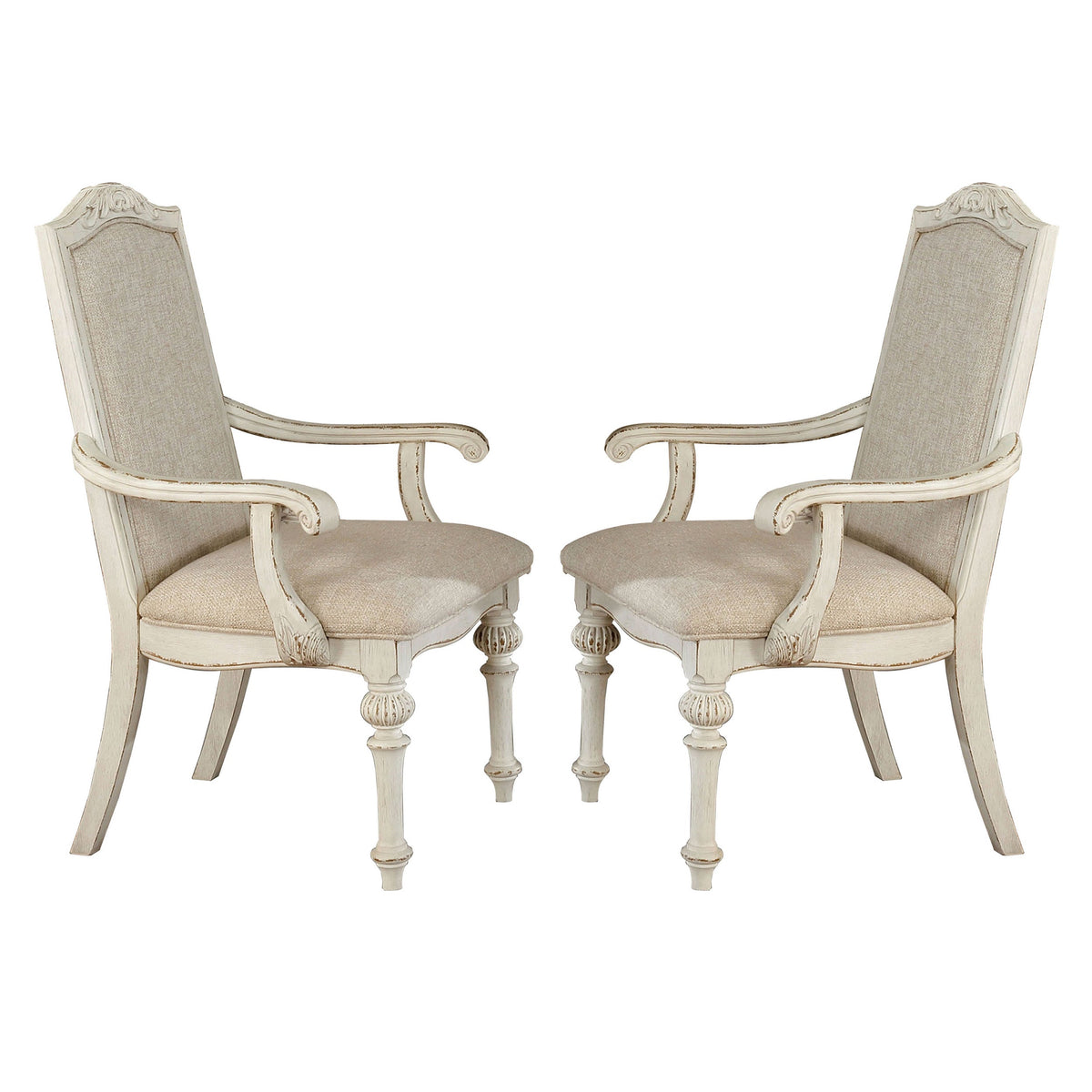 Rustic Wooden Arm Chair with Intricate Carvings, Set of 2, Antique White