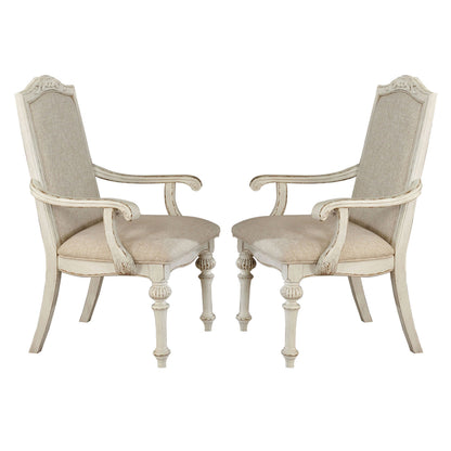 Rustic Wooden Arm Chair with Intricate Carvings, Set of 2, Antique White