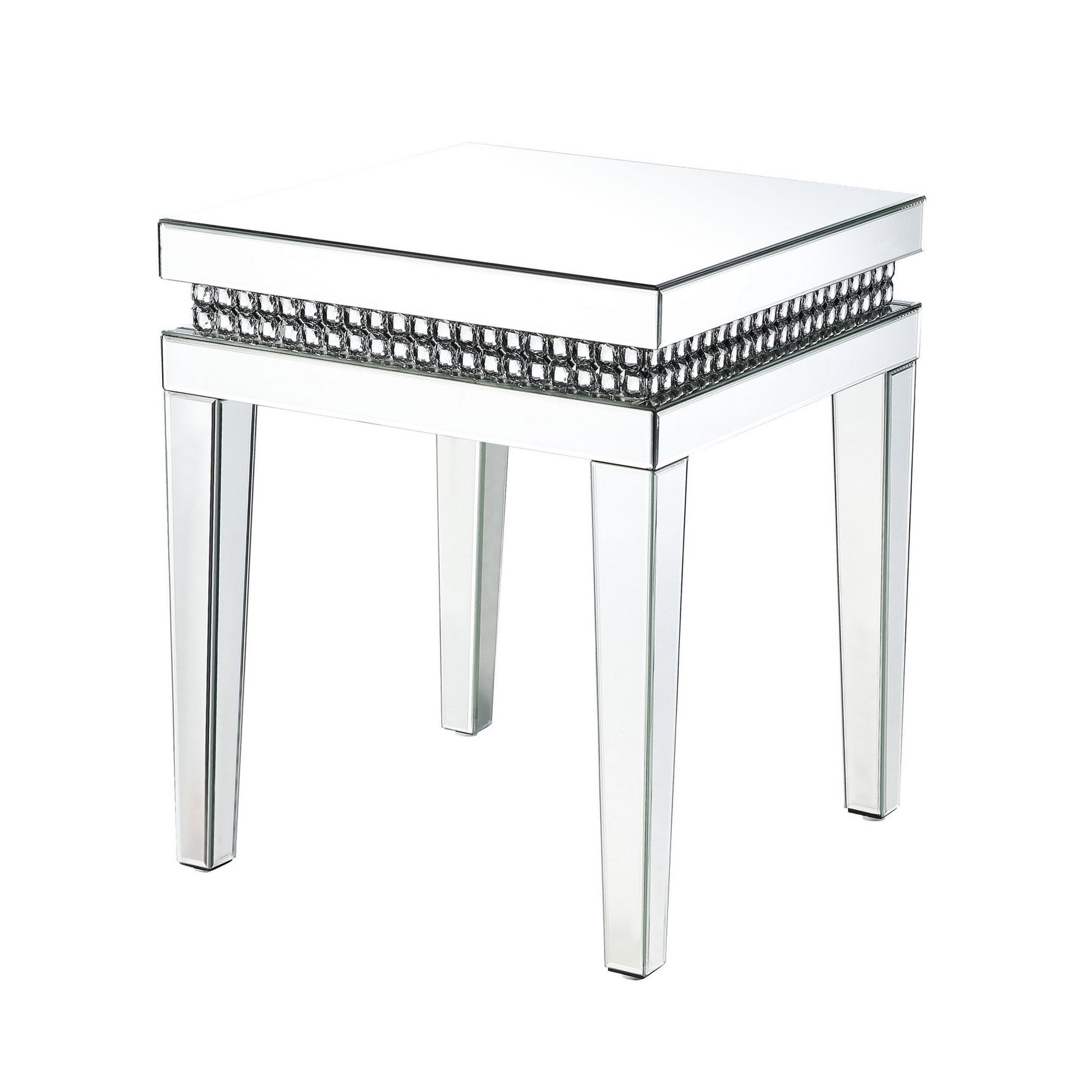 Mirror Inlay End Table with Faux Crystal Accents, Silver — Chic Home-Decor