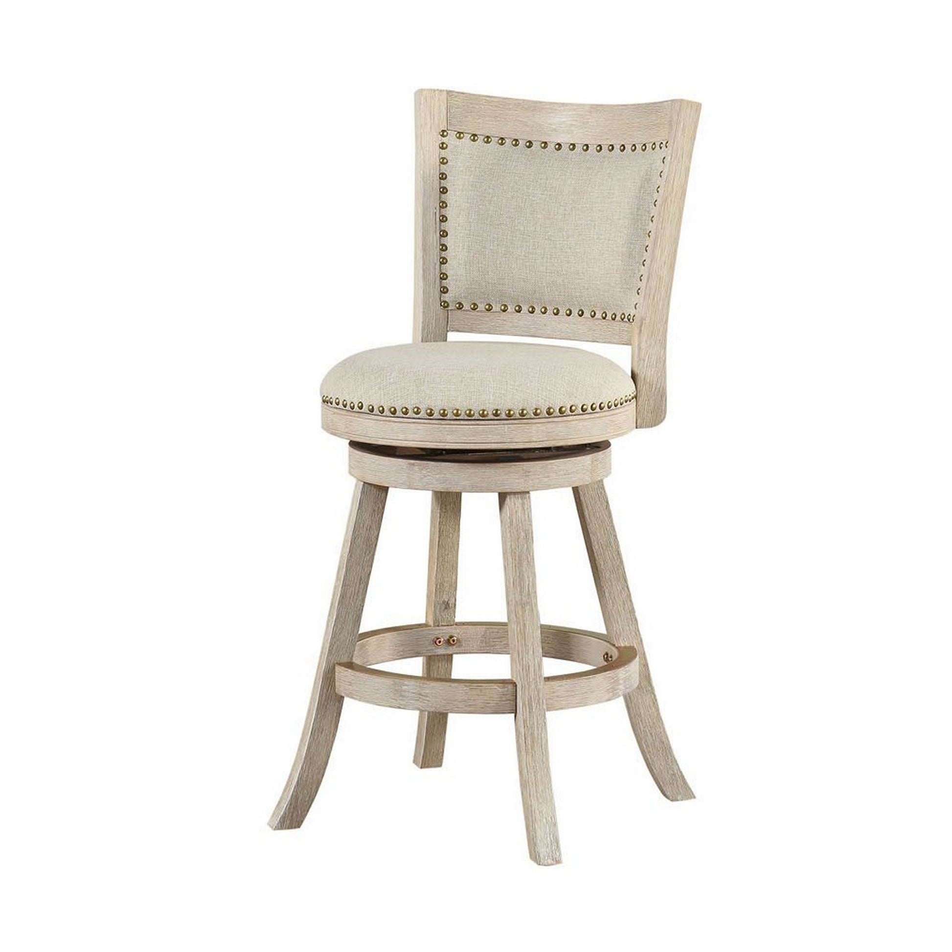 Curved Back Wood Swivel Counter Stool, Nailhead Trim, Driftwood Wire-Brush, Ivory — Chic Home-Decor