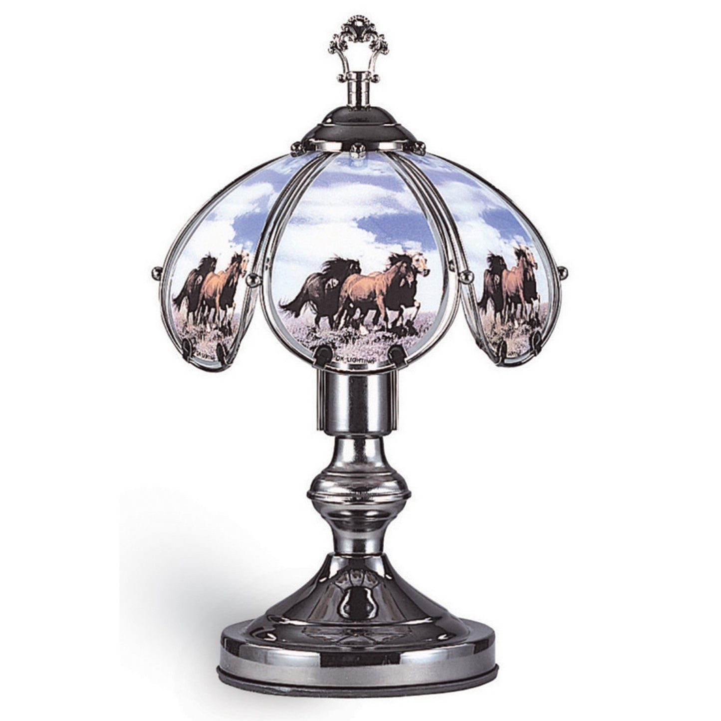14.25'' Umbrella Shade Glass Table Lamp with Running Horses Print, Silver — Chic Home-Decor