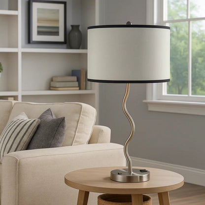 29 Inch Round Drum Shade Table Lamp, Curved Tubular Frame, Silver
