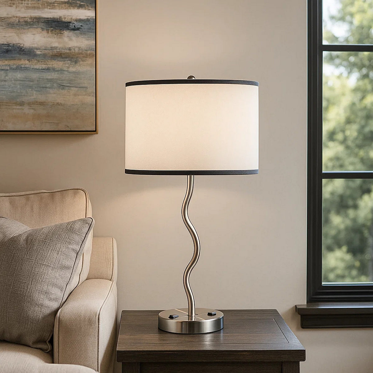 29 Inch Round Drum Shade Table Lamp, Curved Tubular Frame, Silver