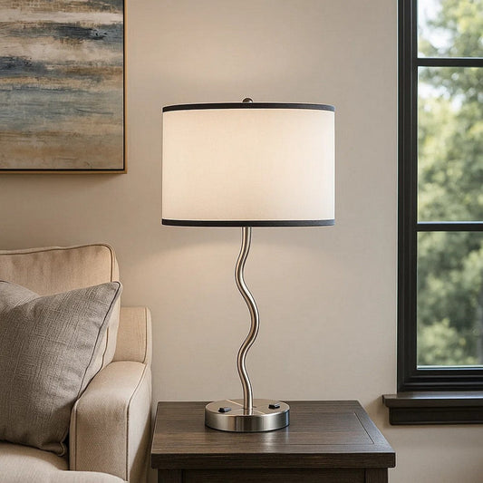 29 Inch Round Drum Shade Table Lamp, Curved Tubular Frame, Silver