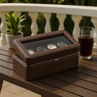Watch Case with 4 Slots and Removable Cushions, Brown