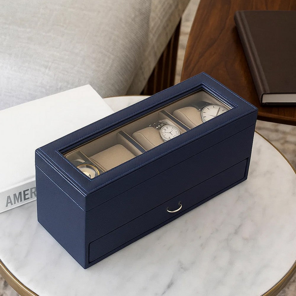 Watch Case with Drawer Display and 4 Slots, Blue