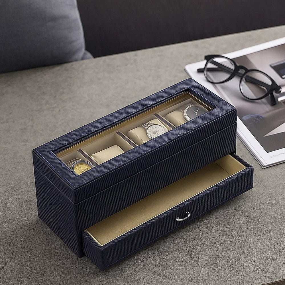 Watch Case with Drawer Display and 4 Slots, Blue