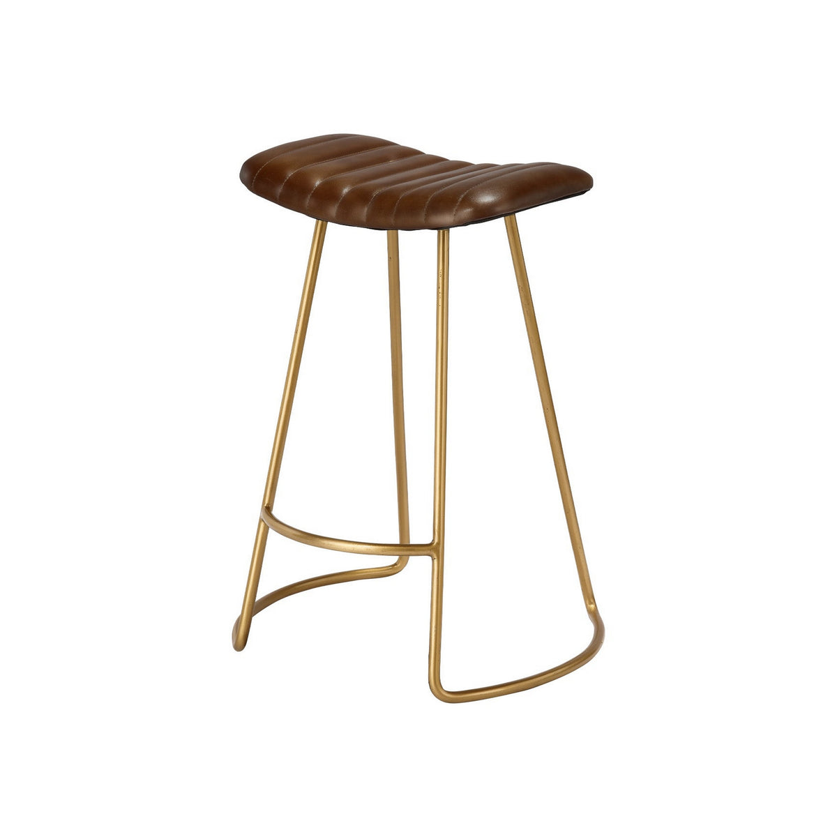 Counter Stool with Leatherette Vertical Channel Stitching, Brown and Antique Brass