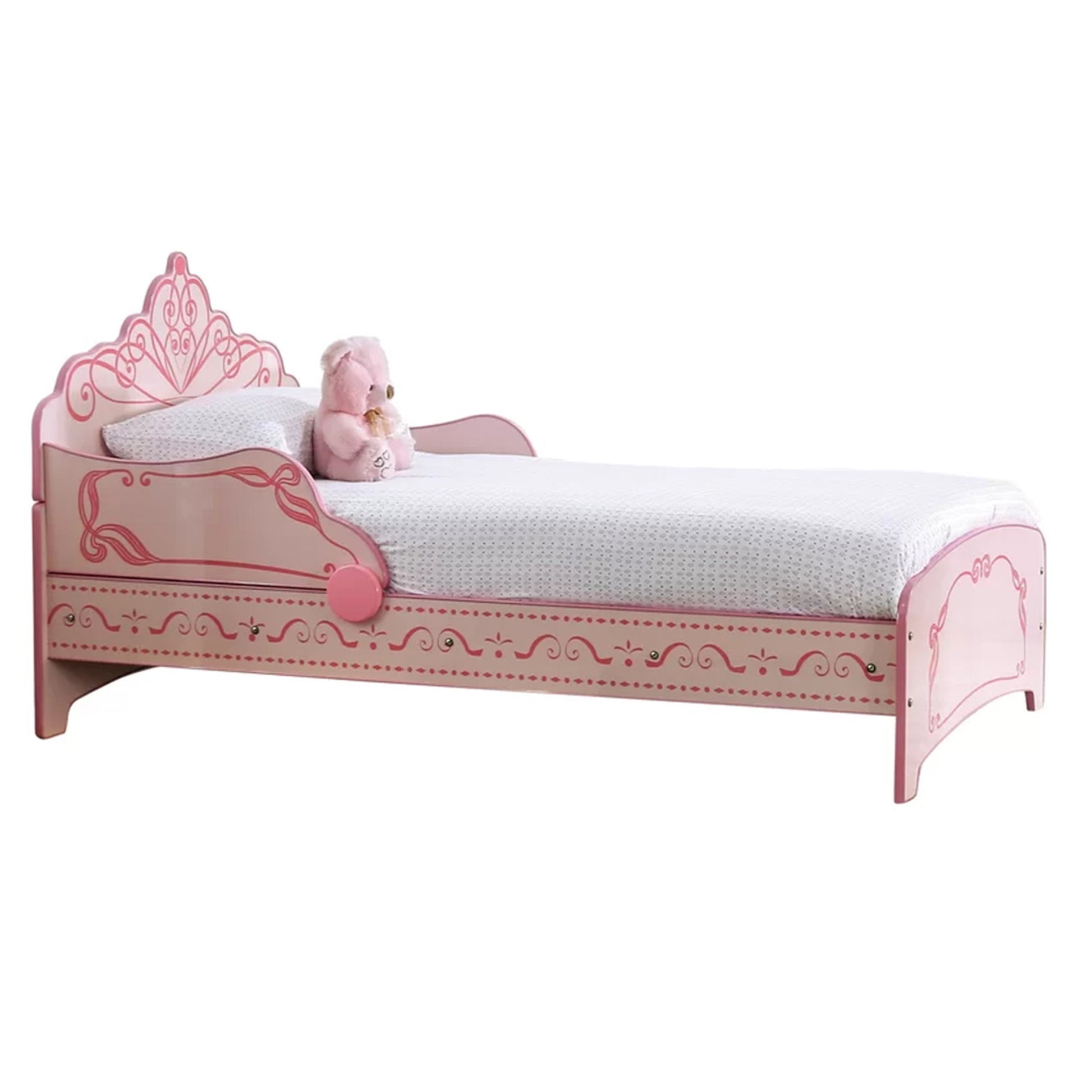 Twin Bed with MDF Scalloped and Scroll Motif Design, Pink — Chic Home-Decor