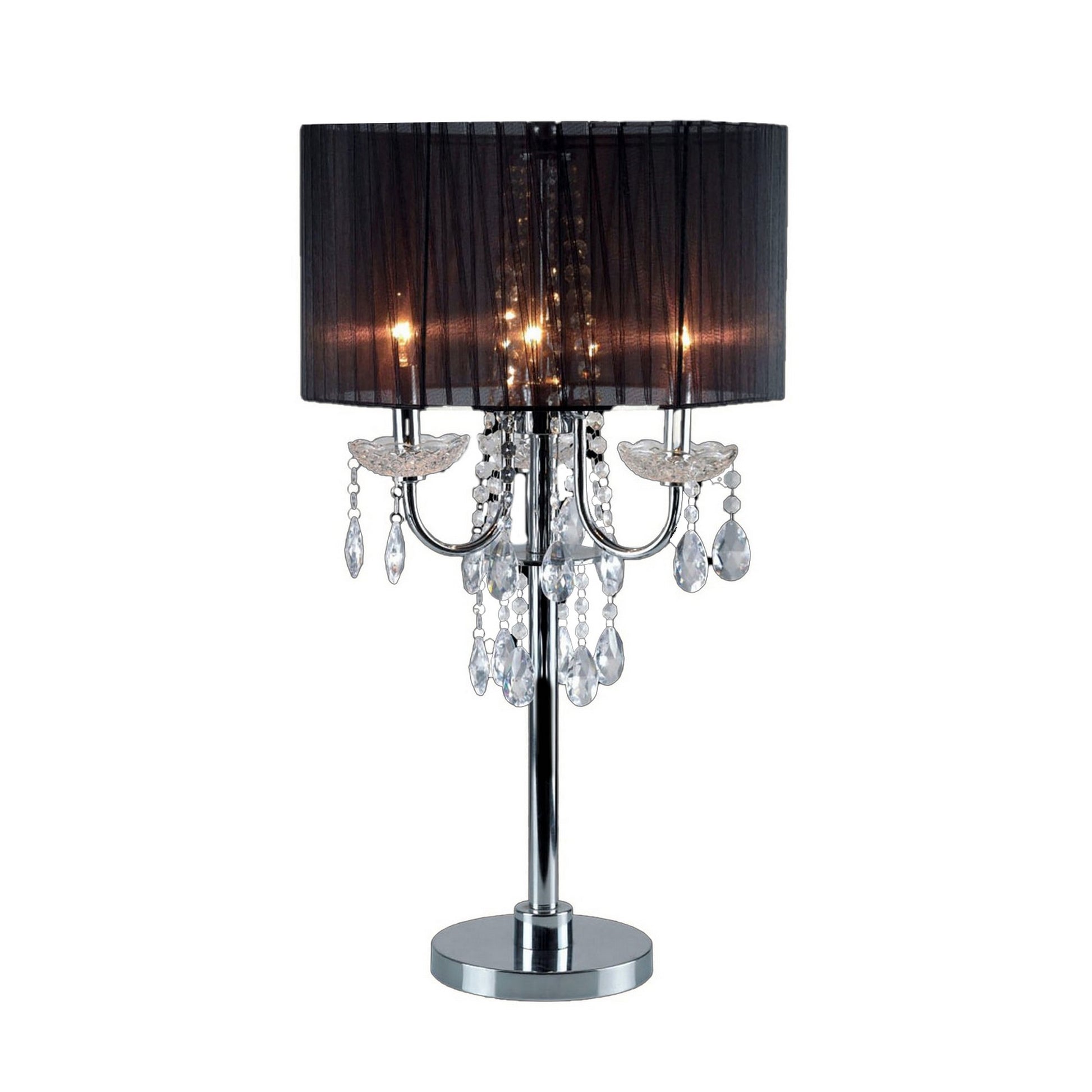Table Lamp with Pleated Drum Shade and Crystal Droplets, Chrome — Chic Home-Decor