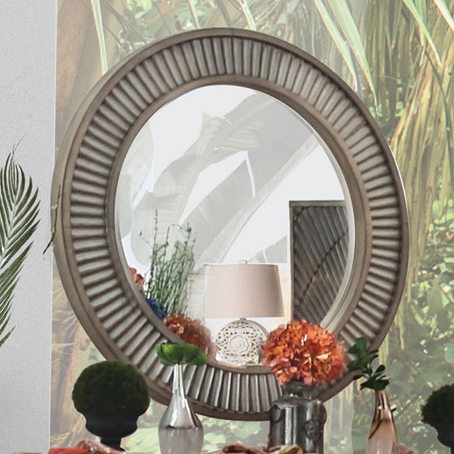 Wall Mirror with Round Reeded Design Wooden Frame, Antique Gray — Chic Home-Decor