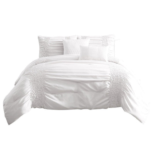4 Piece Twin Comforter Set with Ruching Details, White