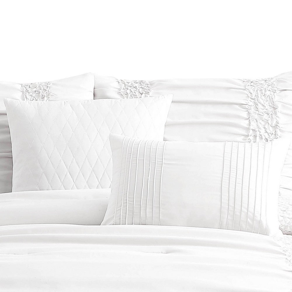 4 Piece Twin Comforter Set with Ruching Details, White